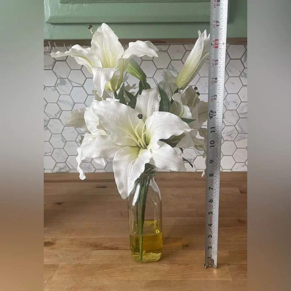 Faux White Lily Arrangement in Glass Vase